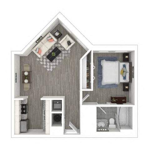 A cutaway view of a house showing the interior of a bedroom, kitchen, and living room.